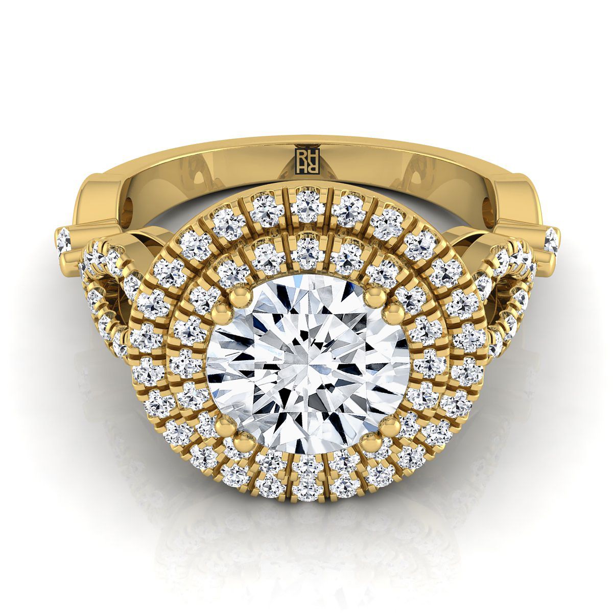 Round Brilliant, Open Side Double Halo, in 18K Yellow Gold, pave setting | RockHer