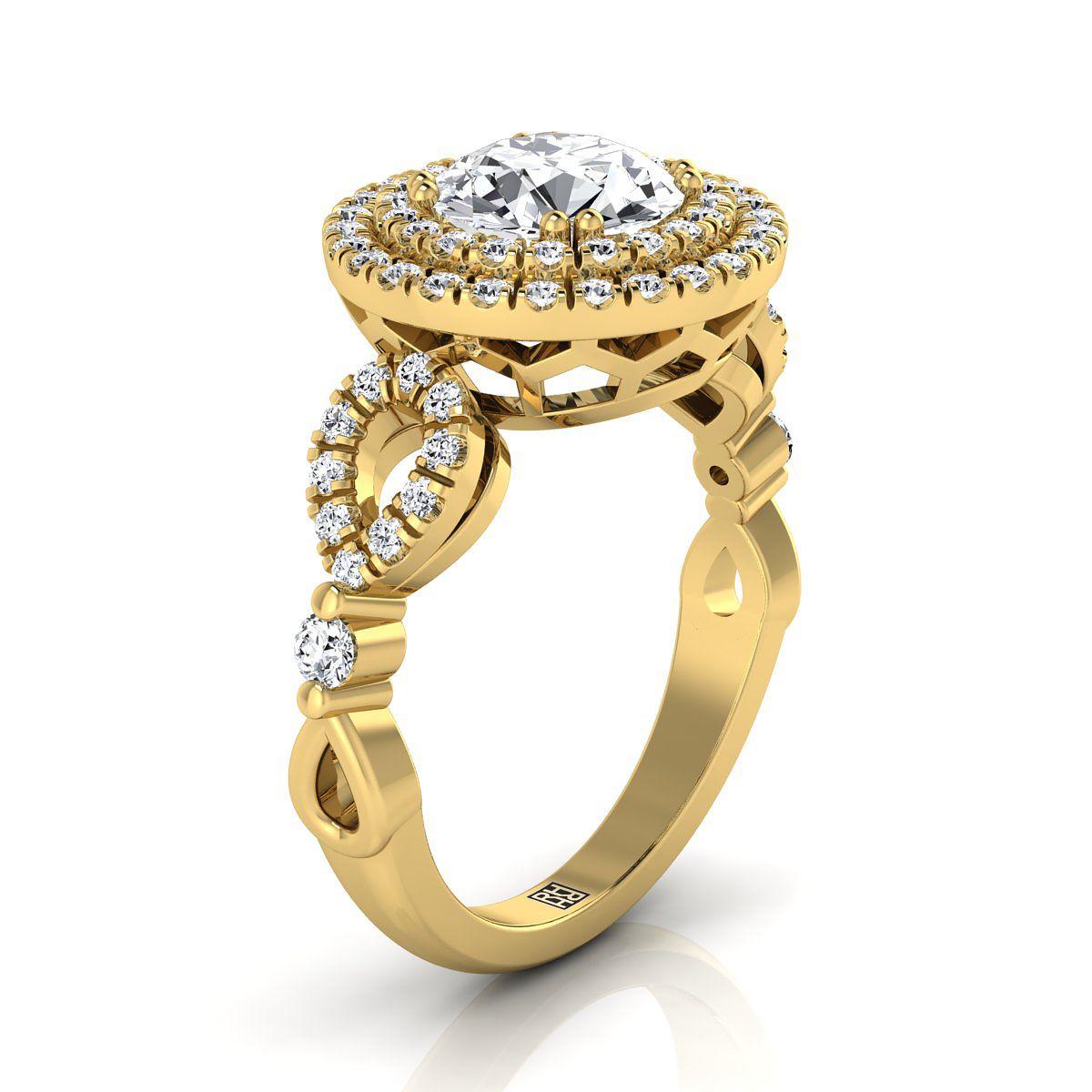 Round Brilliant, Open Side Double Halo, in 18K Yellow Gold, pave setting – side profile | RockHer