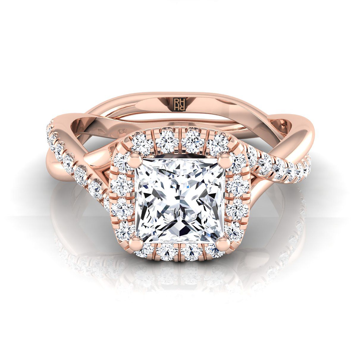 Bold Twist Pavé Halo Princess, in 14K Rose Gold, pave setting | RockHer