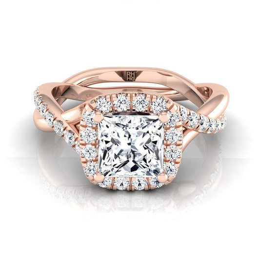 Bold Twist Pavé Halo Princess, in 14K Rose Gold, pave setting | RockHer