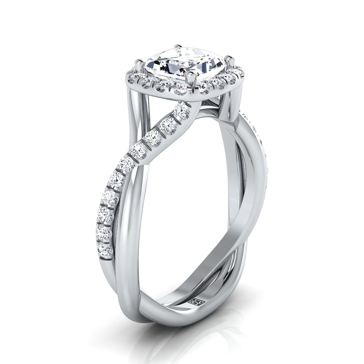 แหวนหมั้นกลางเพชรทรงเจ้าหญิง 18K ทองคำขาว ตกแต่งแบบบิดและขอบหยัก พร้อมพาเว่ฮาโล - 3/8ctw