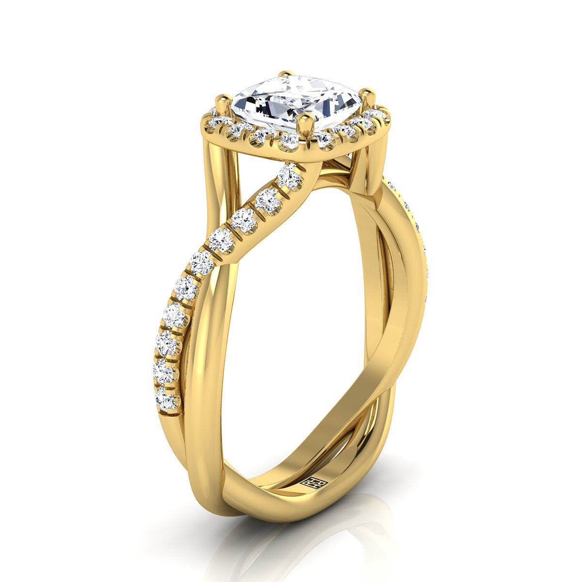 แหวนหมั้นกลางเพชรทรงเจ้าหญิง 18K ทองเหลืองบิดลายขอบคลื่นแบบปาเว่ - 3/8ctw