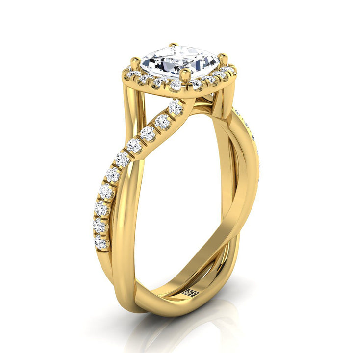 แหวนหมั้นกลางเพชรทรงเจ้าหญิง 18K ทองเหลืองบิดลายขอบคลื่นแบบปาเว่ - 3/8ctw