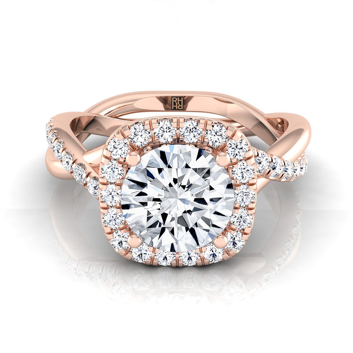 14K Rose Gold Round Brilliant Diamond Twisted Scalloped Pavé Halo Center Engagement Ring -3/8ctw