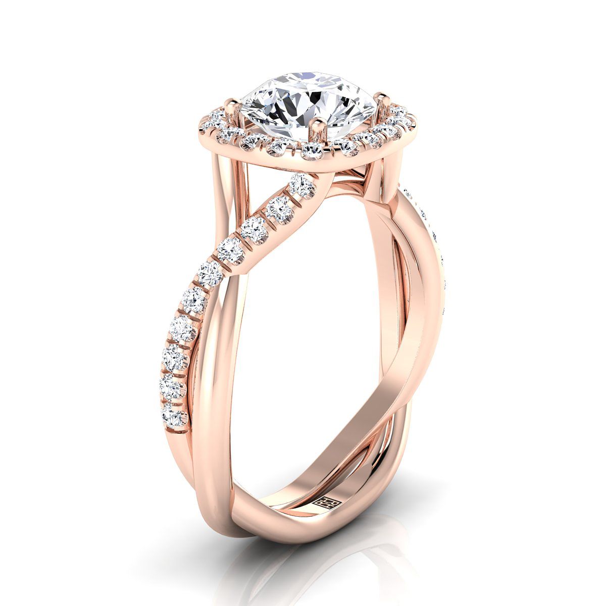 Round Brilliant, Bold Twist Pavé Halo, in 14K Rose Gold, pave setting – side profile | RockHer