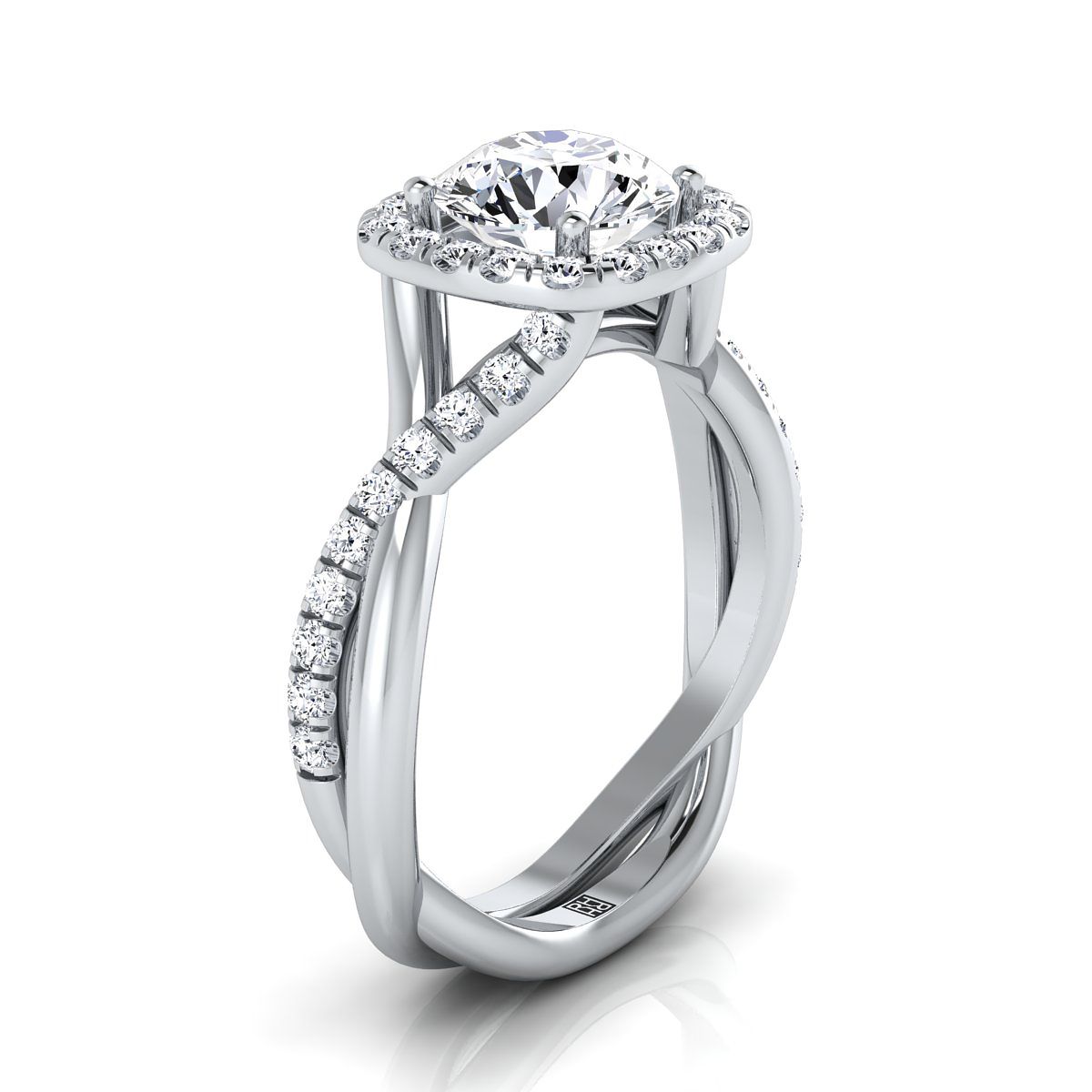 Round Brilliant, Bold Twist Pavé Halo, in Platinum, pave setting – side profile | RockHer