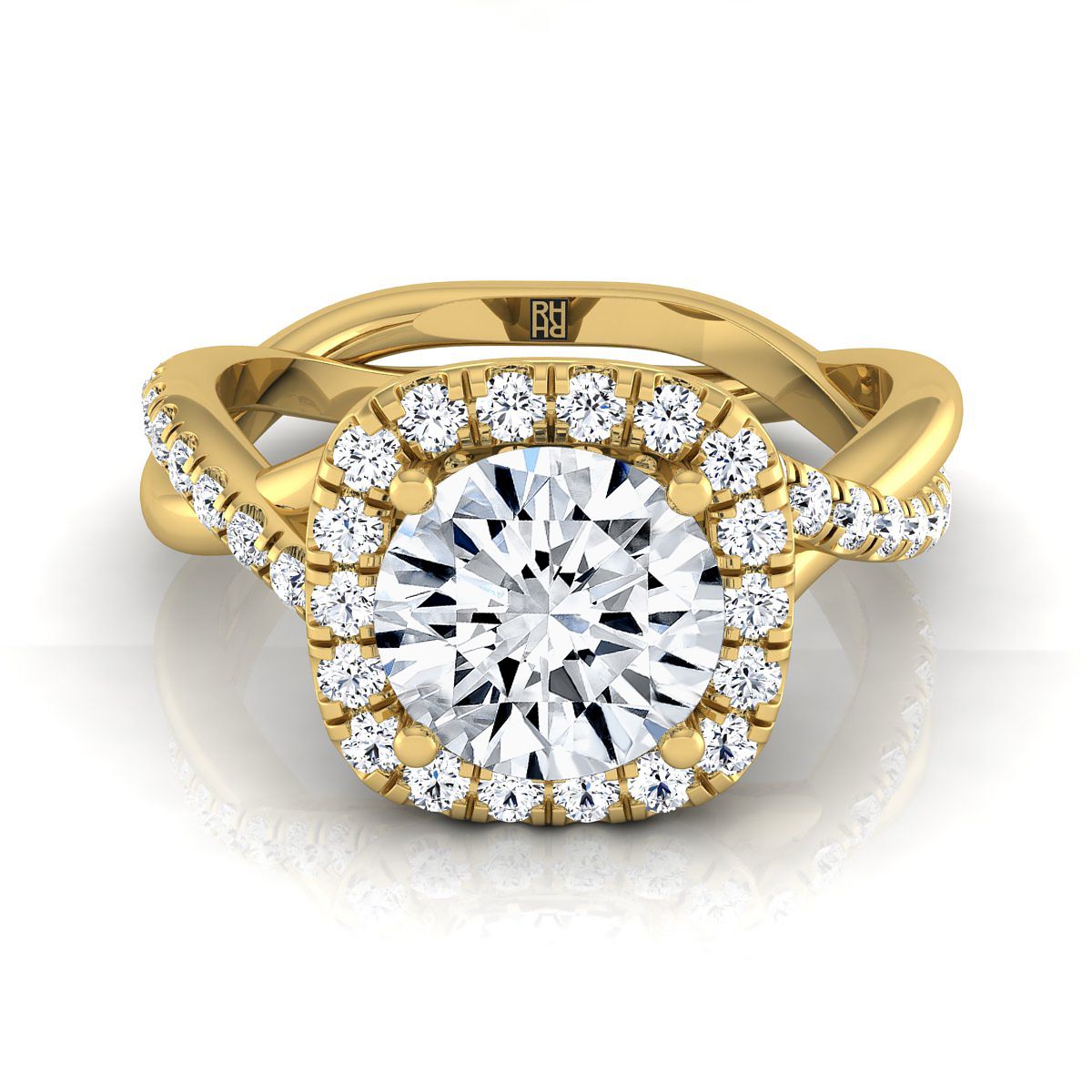 Round Brilliant, Bold Twist Pavé Halo, in 18K Yellow Gold, pave setting | RockHer