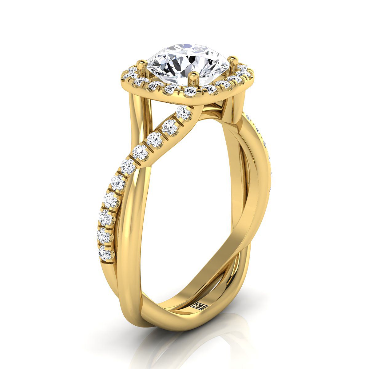 Round Brilliant, Bold Twist Pavé Halo, in 18K Yellow Gold, pave setting – side profile | RockHer