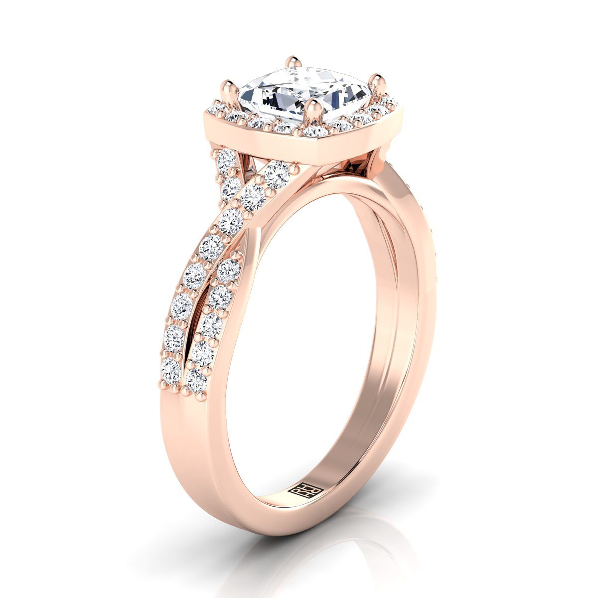 Twisted Square Pavé Halo Princess, in 14K Rose Gold, pave setting – side profile | RockHer
