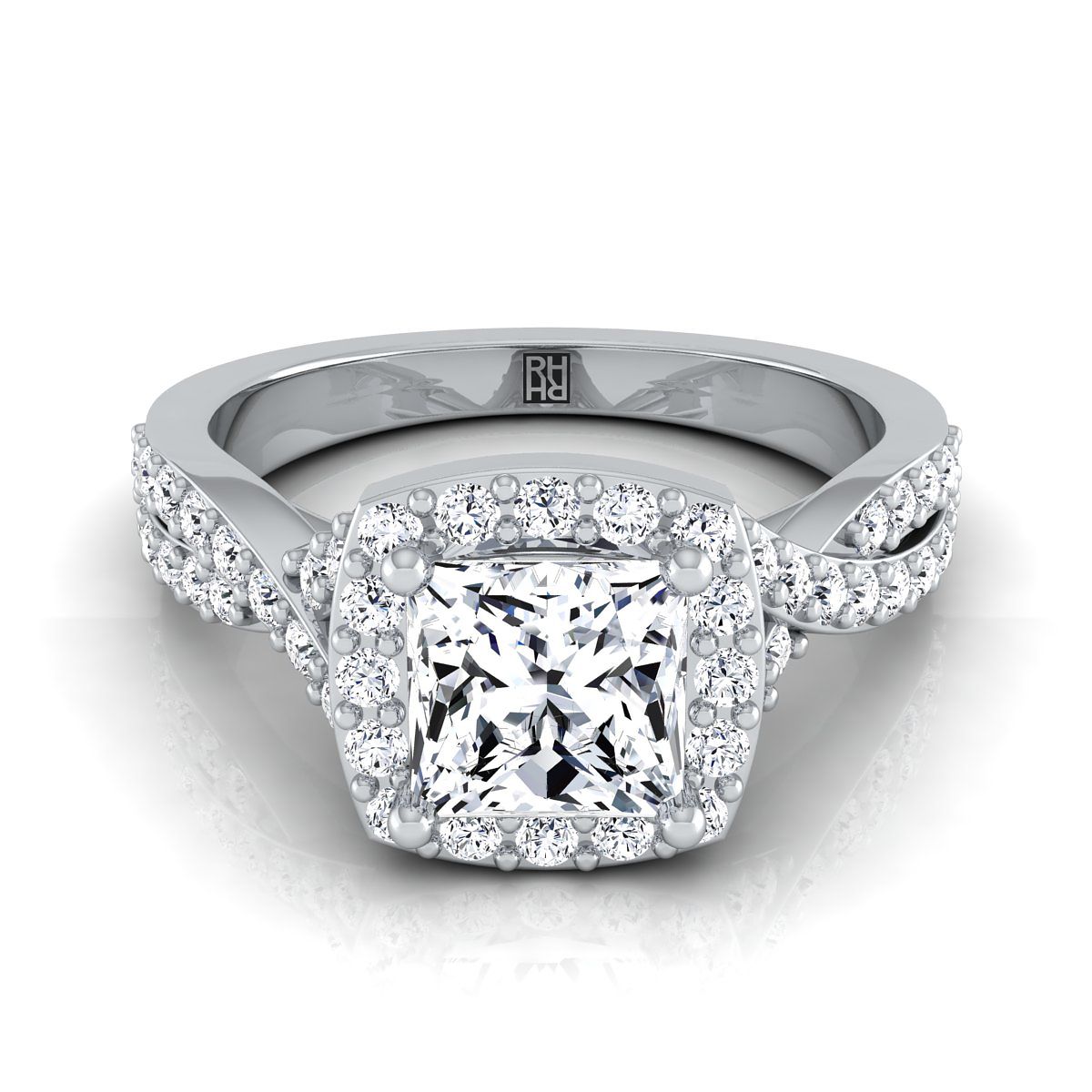 Twisted Square Pavé Halo Princess, in Platinum, pave setting | RockHer