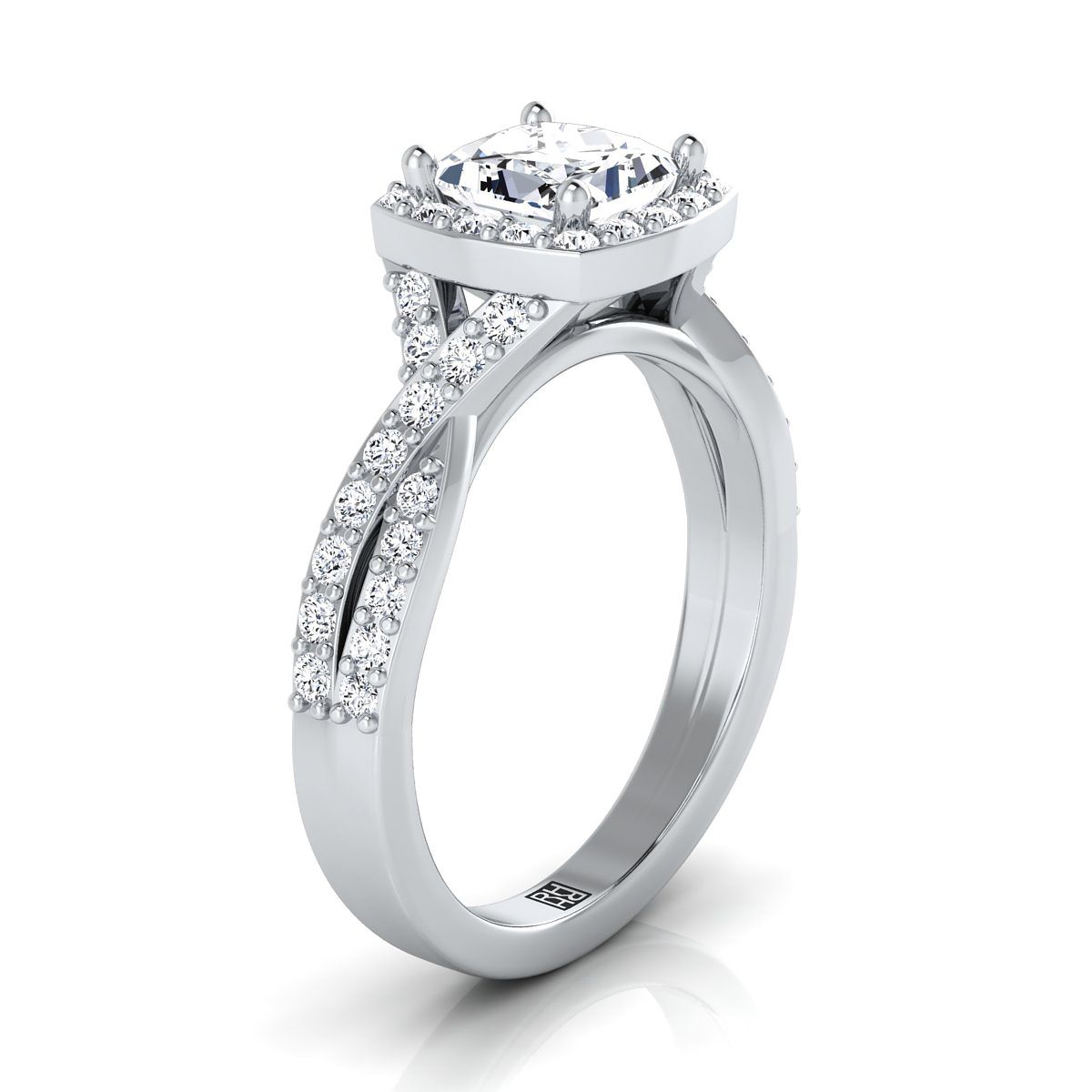 แหวนหมั้นกลางเพชรทรงเจ้าหญิงแบบบิดขอบหยักประดับเพชรปาเว่ทองคำขาว 14K - 3/8ctw