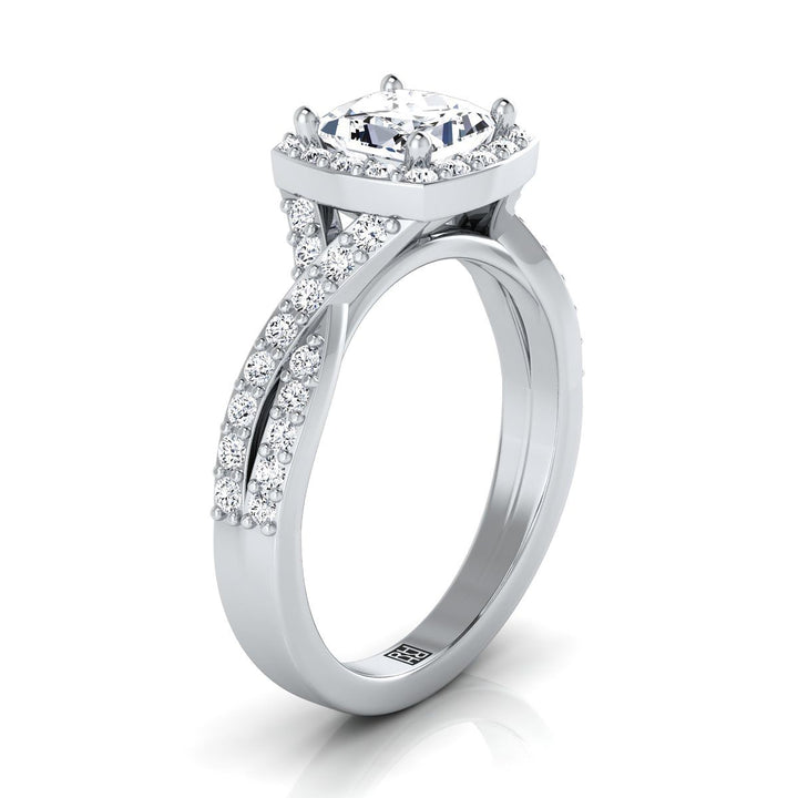 แหวนหมั้นกลางเพชรทรงเจ้าหญิงแบบบิดขอบหยักประดับเพชรปาเว่ทองคำขาว 14K - 3/8ctw