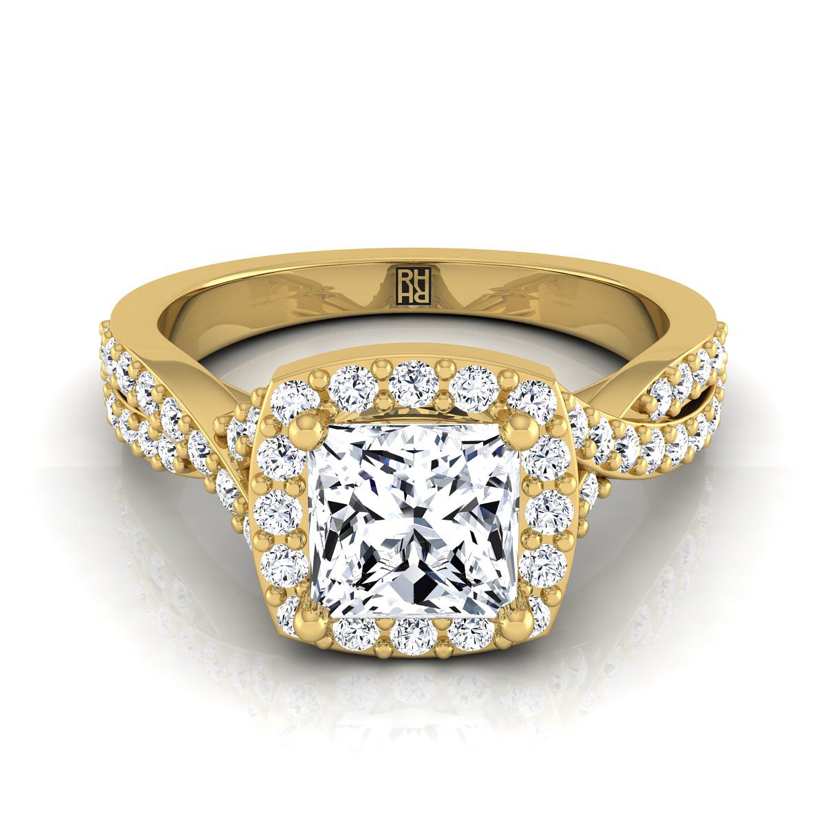 Twisted Square Pavé Halo Princess, in 18K Yellow Gold, pave setting | RockHer