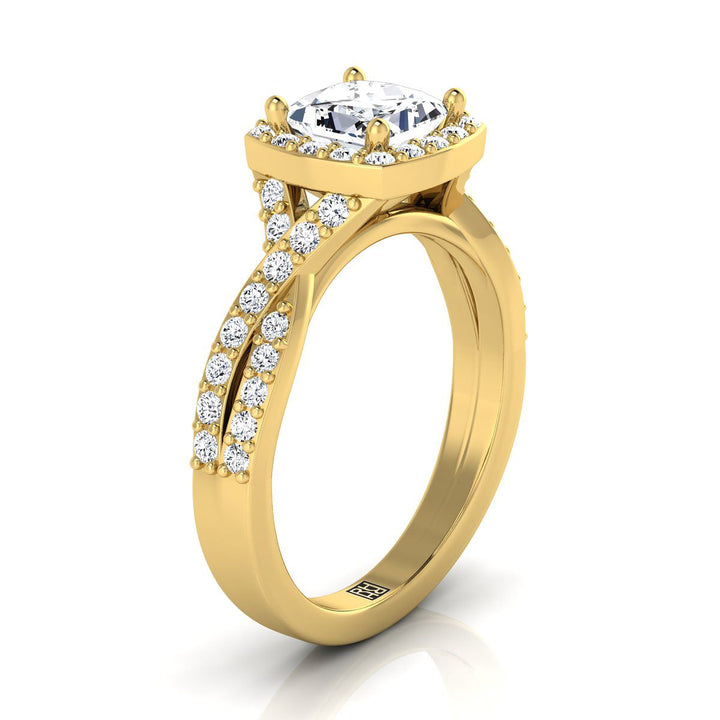 Twisted Square Pavé Halo Princess, in 18K Yellow Gold, pave setting – side profile | RockHer