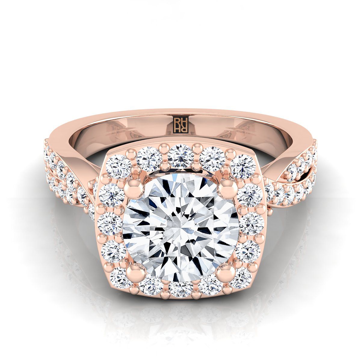 Round Brilliant, Twisted Square Pavé Halo, in 14K Rose Gold, pave setting | RockHer