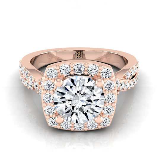 Round Brilliant, Twisted Square Pavé Halo, in 14K Rose Gold, pave setting | RockHer