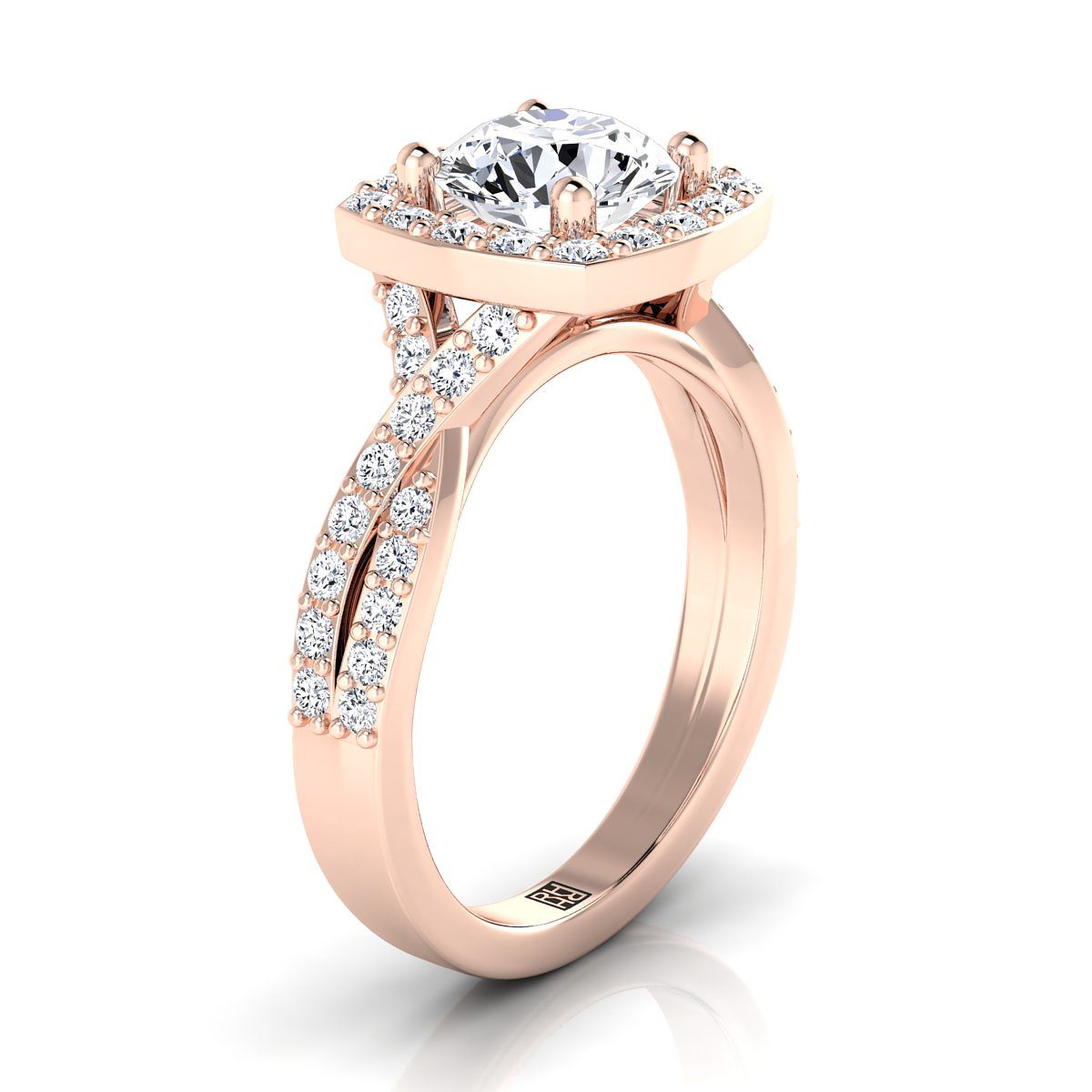 แหวนหมั้นกลางเพชรทรงกลมเจียระไนแบบ Brilliant สีโรสโกลด์ 14K ดีไซน์บิดและขอบหยักแบบ Pavé Halo น้ำหนักรวม 3/8 กะรัต