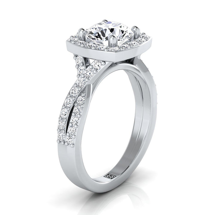 Round Brilliant, Twisted Square Pavé Halo, in 18K White Gold, pave setting – side profile | RockHer
