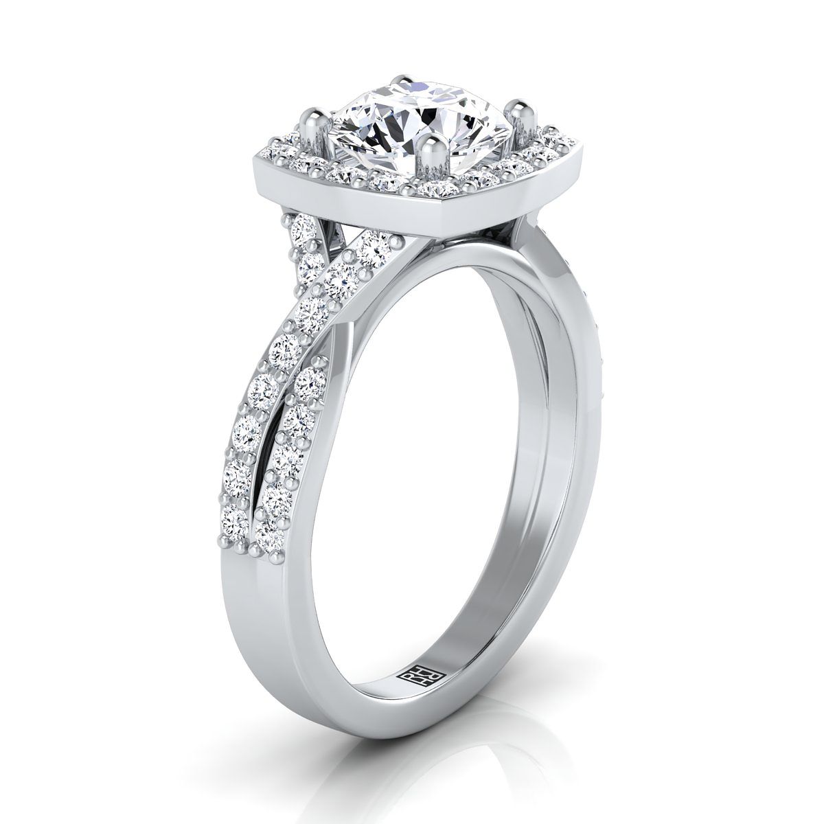 Round Brilliant, Twisted Square Pavé Halo, in Platinum, pave setting – side profile | RockHer