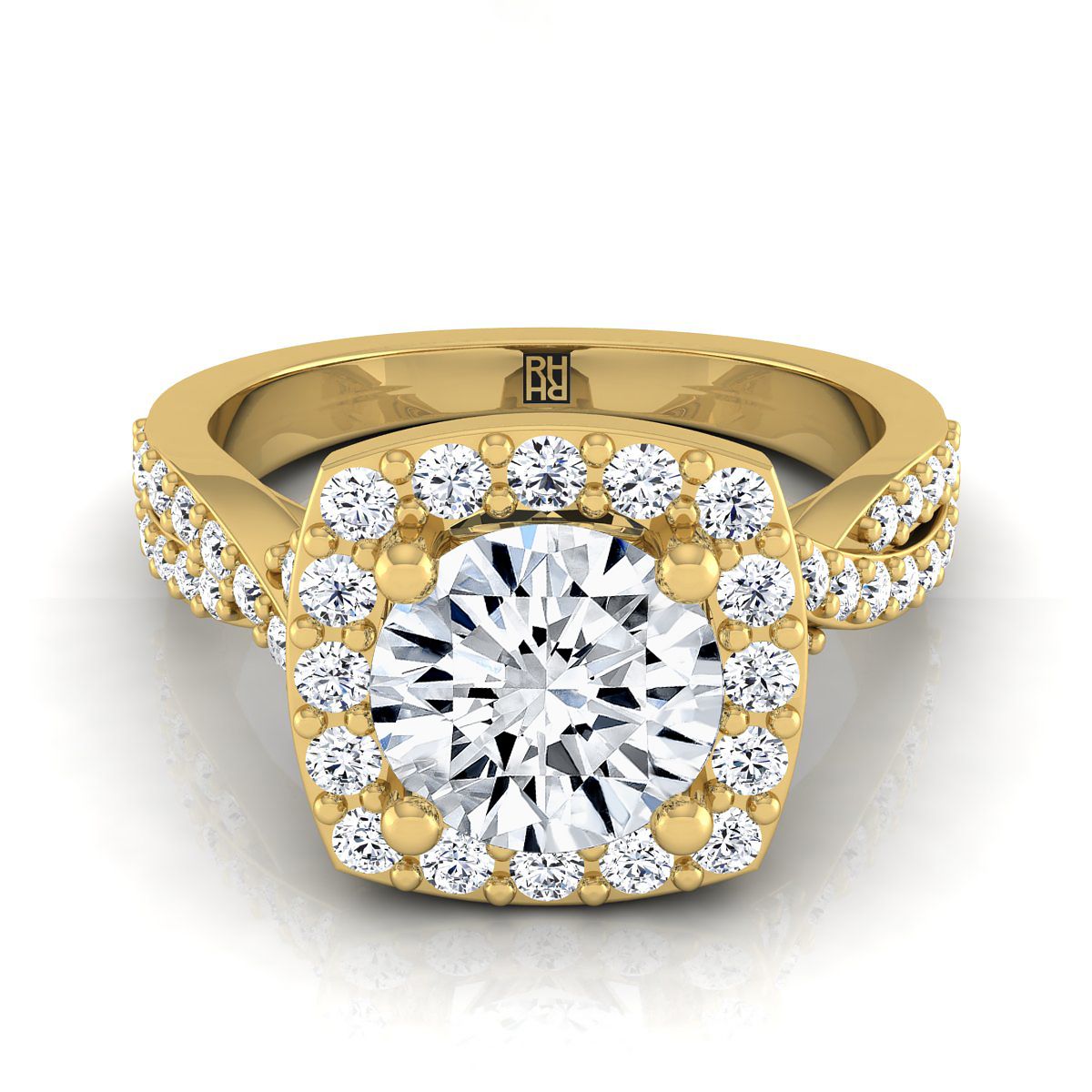 Round Brilliant, Twisted Square Pavé Halo, in 18K Yellow Gold, pave setting | RockHer