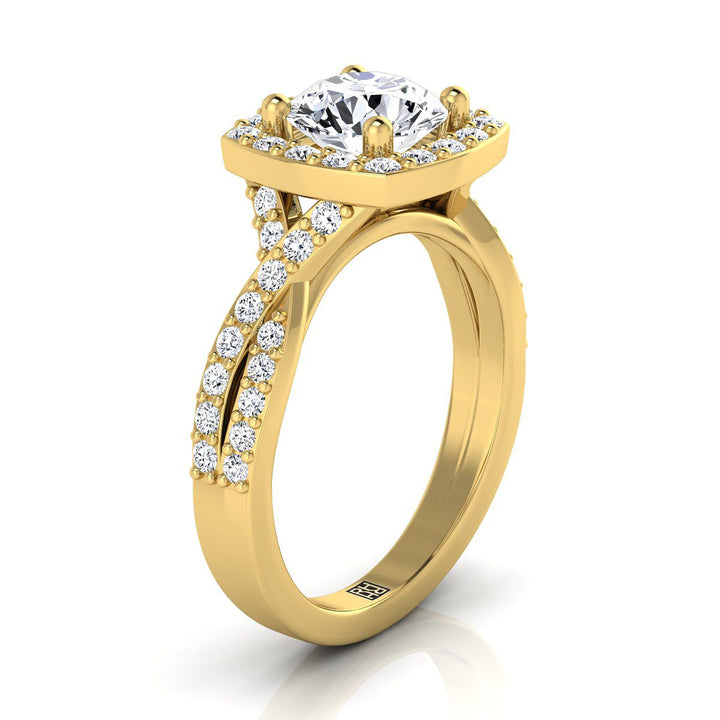 Round Brilliant, Twisted Square Pavé Halo, in 18K Yellow Gold, pave setting – side profile | RockHer
