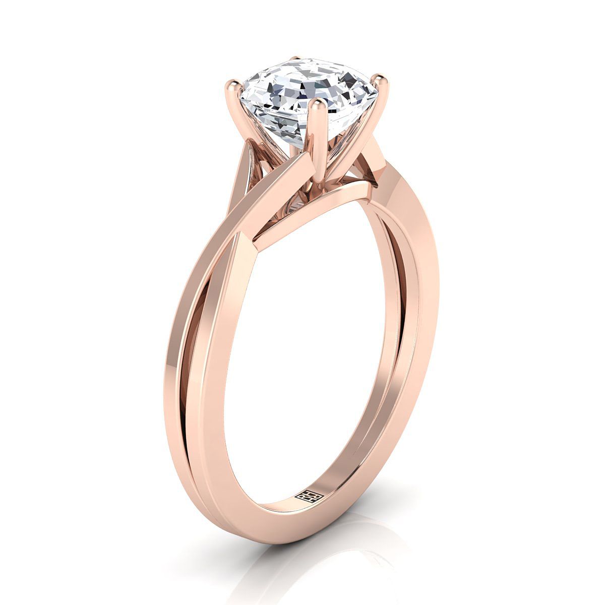 Delicate Twist Cathedral Solitaire Asscher, in 14K Rose Gold, prong setting – side profile | RockHer