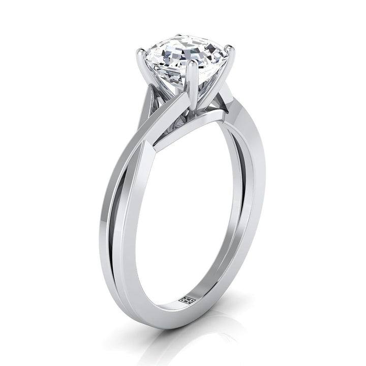 Delicate Twist Cathedral Solitaire Asscher, in Platinum, prong setting – side profile | RockHer
