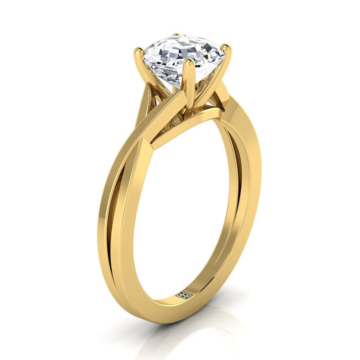 Delicate Twist Cathedral Solitaire Asscher, in 18K Yellow Gold, prong setting – side profile | RockHer