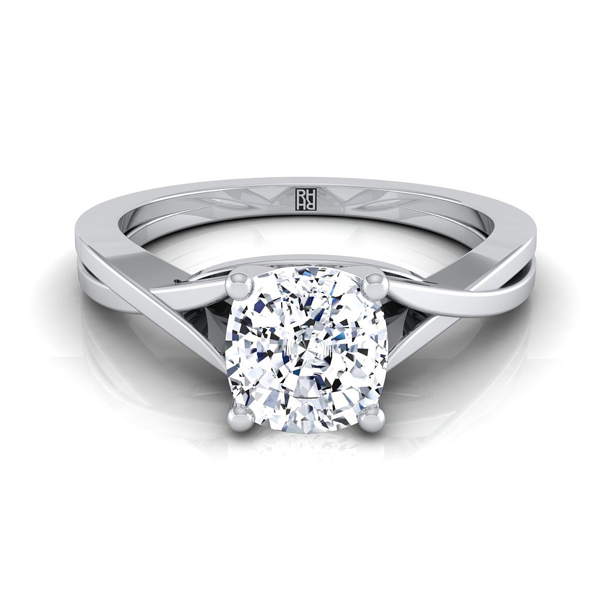 Delicate Twist Cathedral Solitaire Cushion, in 18K White Gold, prong setting | RockHer