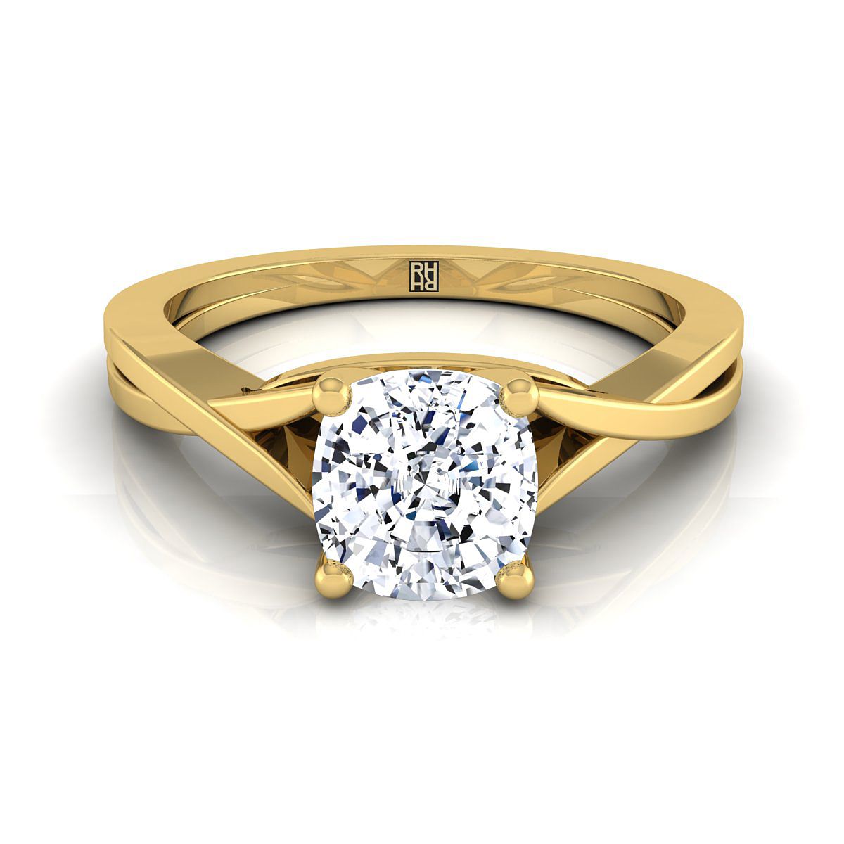 Delicate Twist Cathedral Solitaire Cushion, in 18K Yellow Gold, prong setting | RockHer
