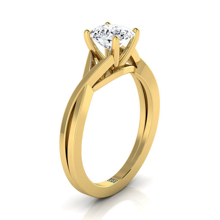 Delicate Twist Cathedral Solitaire Cushion, in 18K Yellow Gold, prong setting – side profile | RockHer
