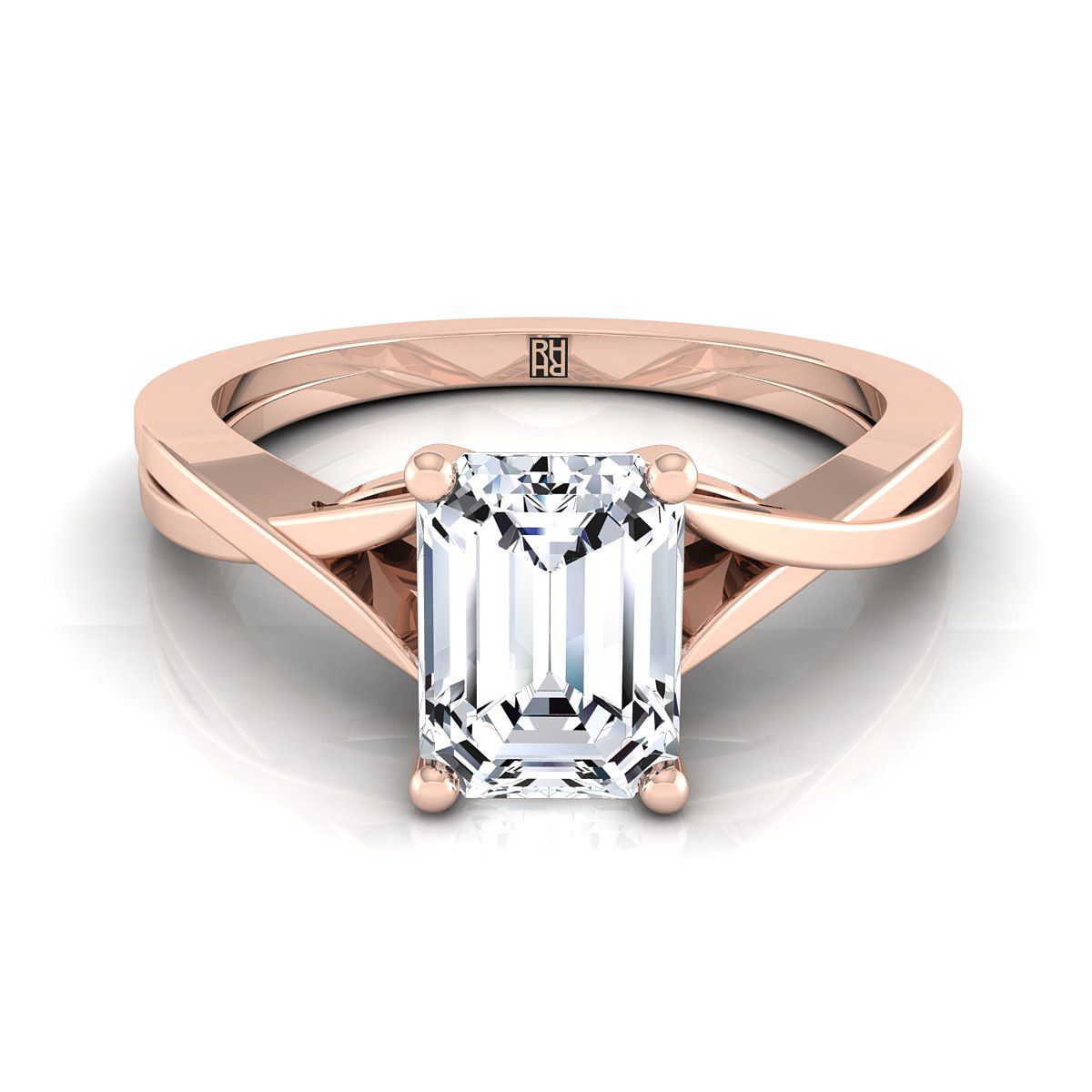 European Cut, Delicate Twist Cathedral Solitaire Emerald, in 14K Rose Gold, prong setting | RockHer