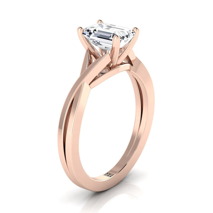 European Cut, Delicate Twist Cathedral Solitaire Emerald, in 14K Rose Gold, prong setting – side profile | RockHer