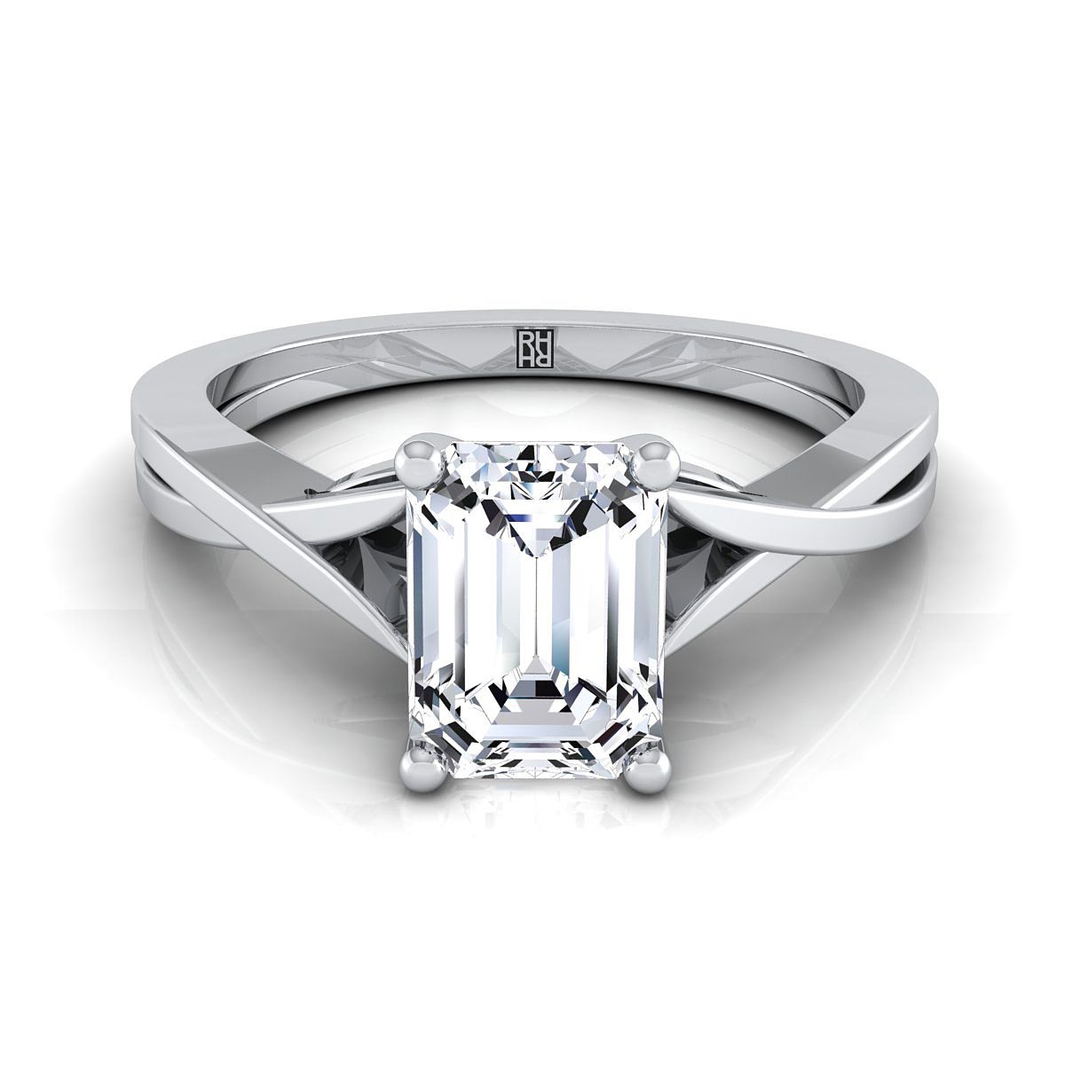 European Cut, Delicate Twist Cathedral Solitaire Emerald, in 18K White Gold, prong setting | RockHer