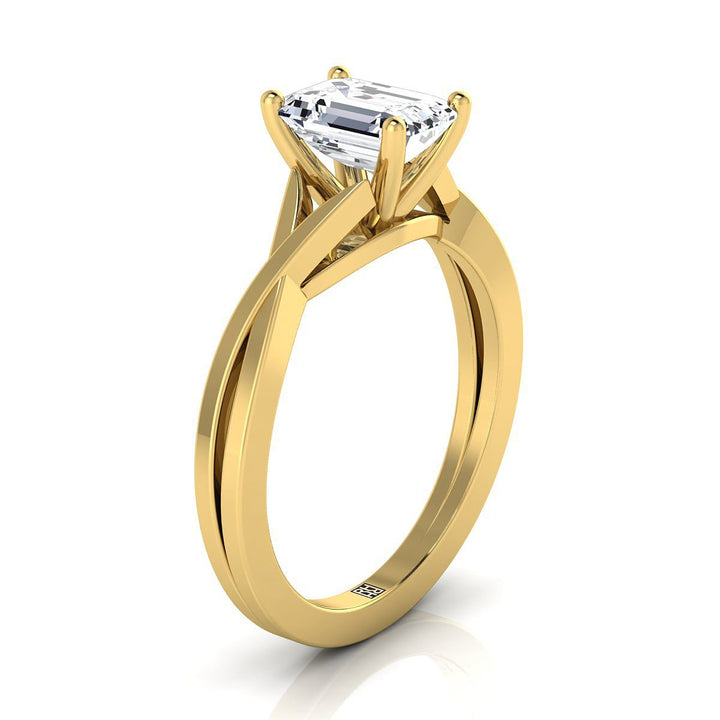 European Cut, Delicate Twist Cathedral Solitaire Emerald, in 18K Yellow Gold, prong setting – side profile | RockHer