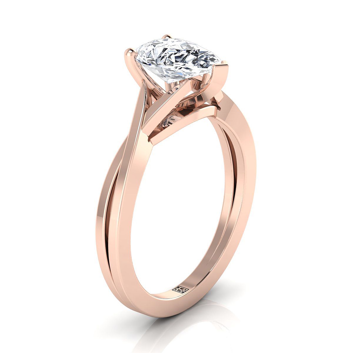 Delicate Twist Cathedral Solitaire Pear Shape, in 14K Rose Gold, prong setting – side profile | RockHer