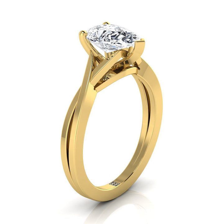 18K Yellow Gold Pear Shape Center Delicate Twist Solitaire Engagement Ring