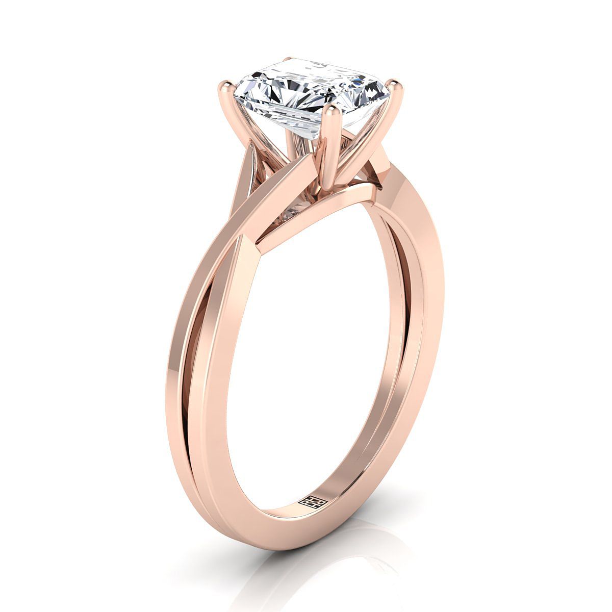 Delicate Twist Cathedral Solitaire Radiant, in 14K Rose Gold, prong setting – side profile | RockHer