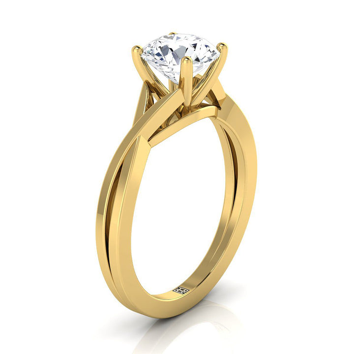 Round Brilliant, Delicate Twist Cathedral Solitaire, in 18K Yellow Gold, prong setting – side profile | RockHer