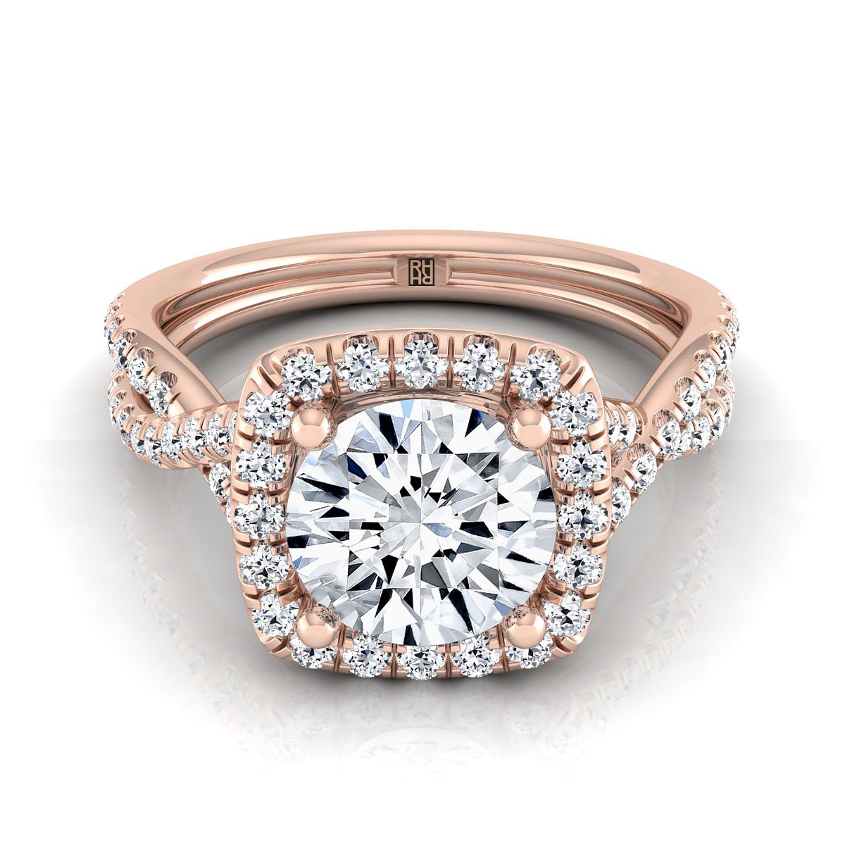 Round Brilliant, Beaded Floral Halo Leaf Shoulders, in 14K Rose Gold, pave setting – view 8 | RockHer