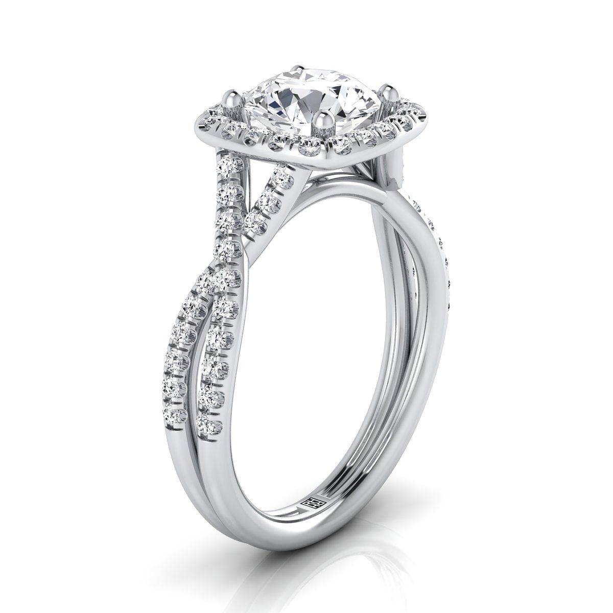 แหวนหมั้นทองคำขาว 14K ทรงกลมเจียระไนแบบโบราณ ประดับเม็ดเล็กละเอียดล้อมรอบลายดอกไม้และใบไม้ - 3/8ctw