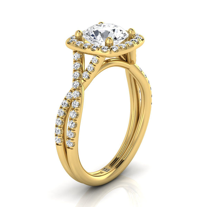 แหวนหมั้นทองคำเหลือง 14K ทรงกลมเจียระไนแบบโบราณ ประดับเม็ดเล็กละเอียดล้อมรอบลายดอกไม้และใบไม้ - 1/2ctw