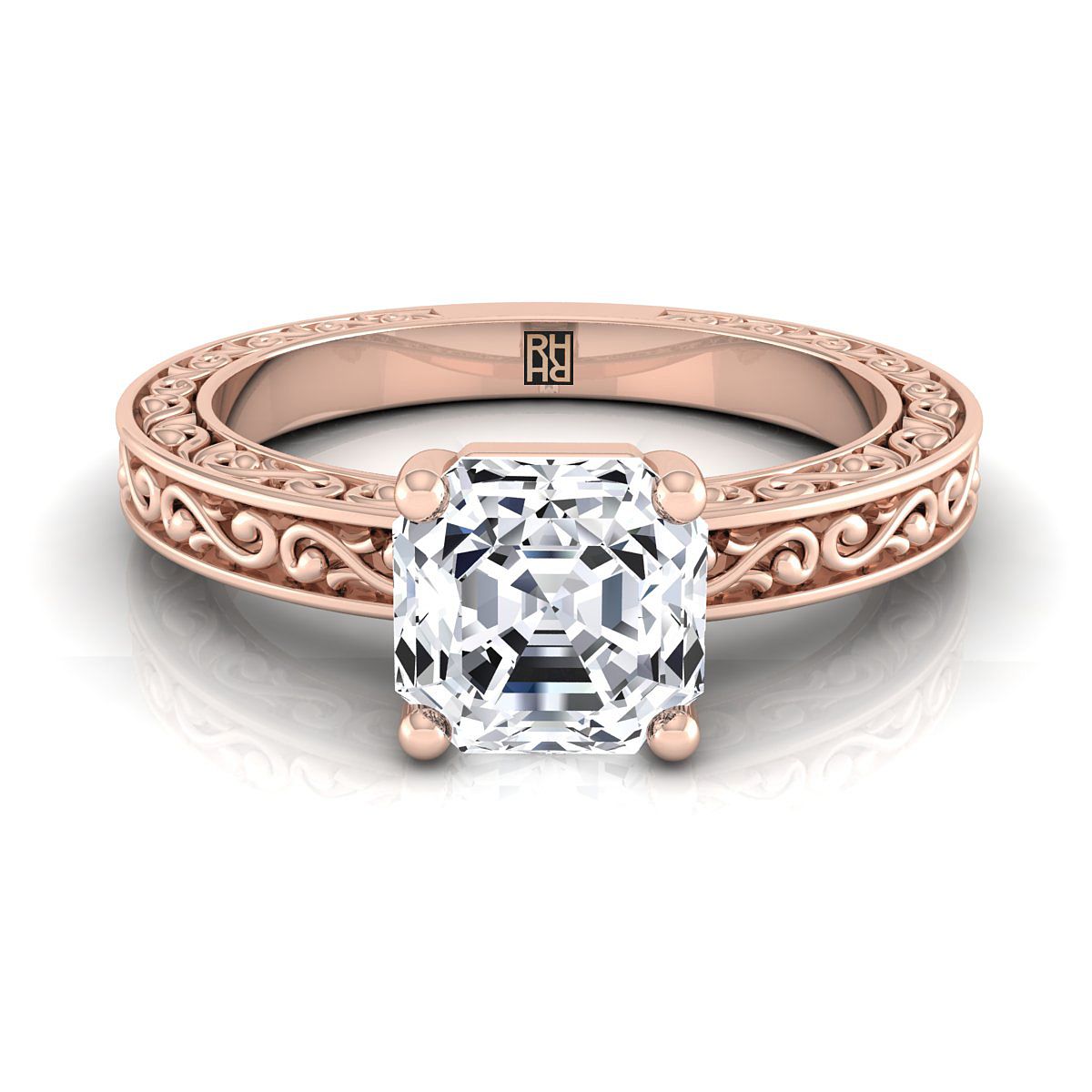 Hand-Engraved Scroll Vintage Solitaire Asscher, in 14K Rose Gold | RockHer