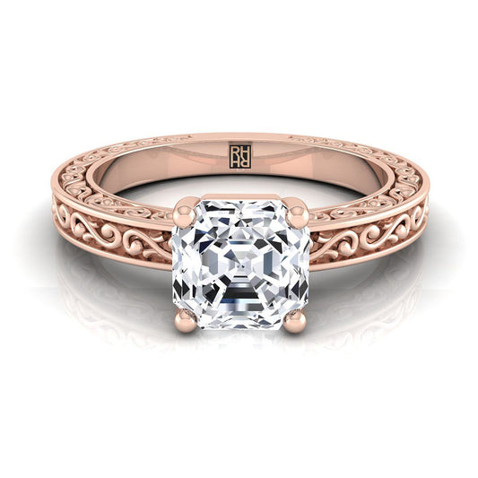 Hand-Engraved Scroll Vintage Solitaire Asscher, in 14K Rose Gold | RockHer