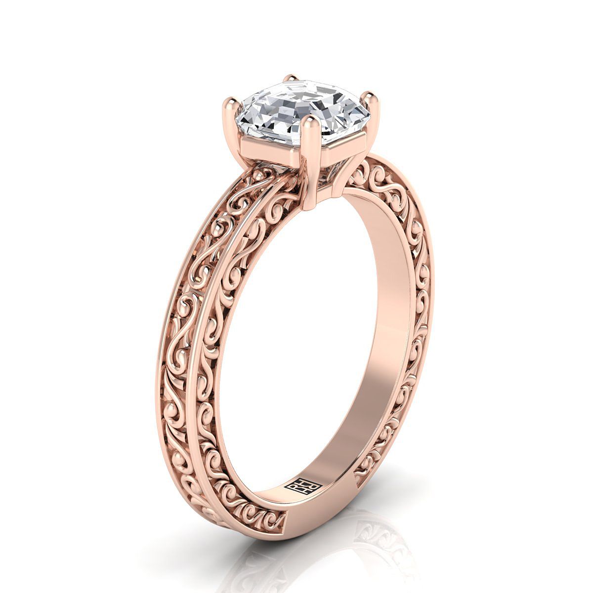Hand-Engraved Scroll Vintage Solitaire Asscher, in 14K Rose Gold – side profile | RockHer