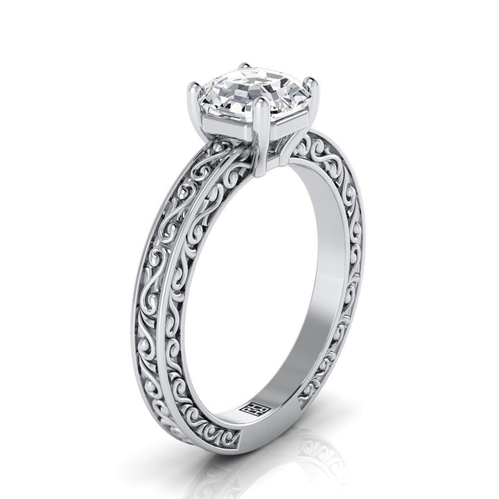 Hand-Engraved Scroll Vintage Solitaire Asscher, in 18K White Gold – side profile | RockHer