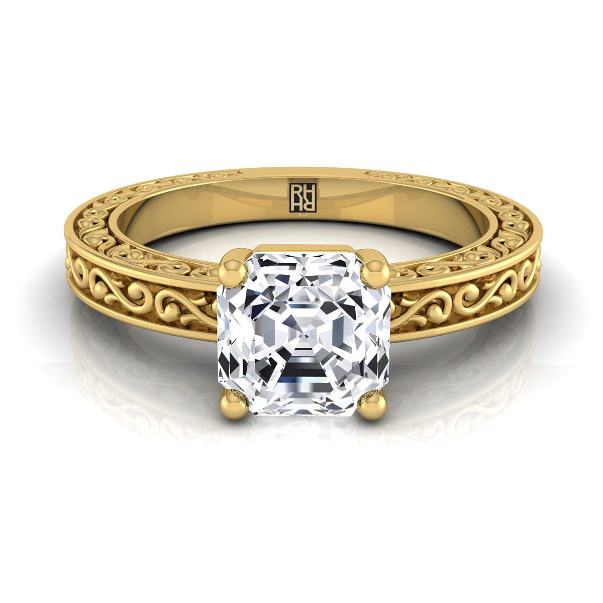 แหวนหมั้นเดี่ยววินเทจสไตล์ Asscher ตัดด้วยทองคำเหลือง 14K แกะสลักลายม้วนด้วยมือ