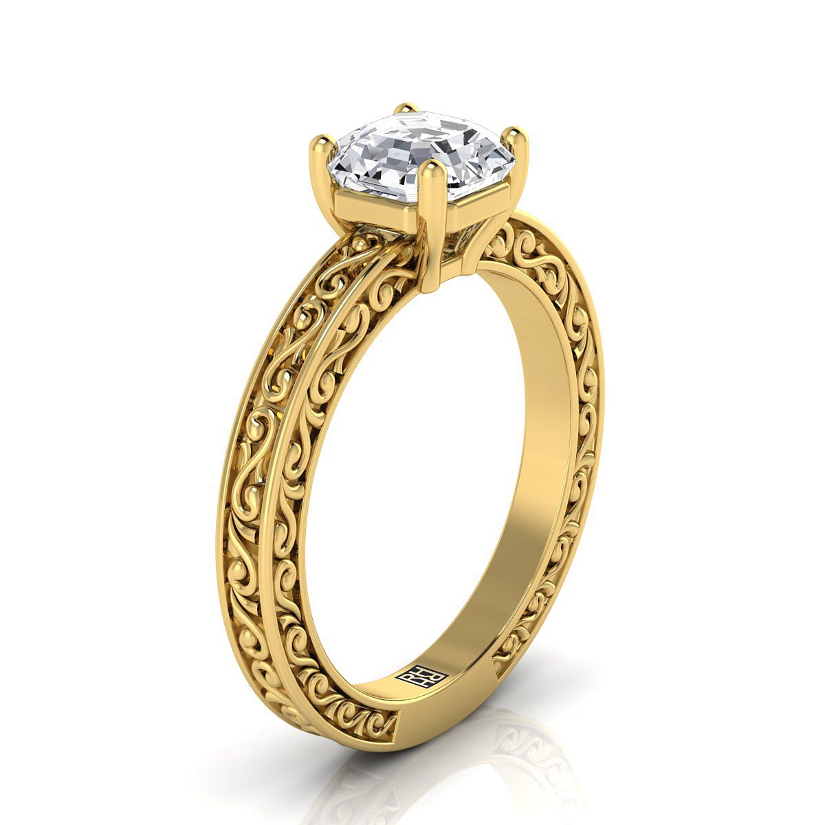 แหวนหมั้นเดี่ยววินเทจสไตล์ Asscher ตัดด้วยทองคำเหลือง 18K แกะสลักลายม้วนด้วยมือ