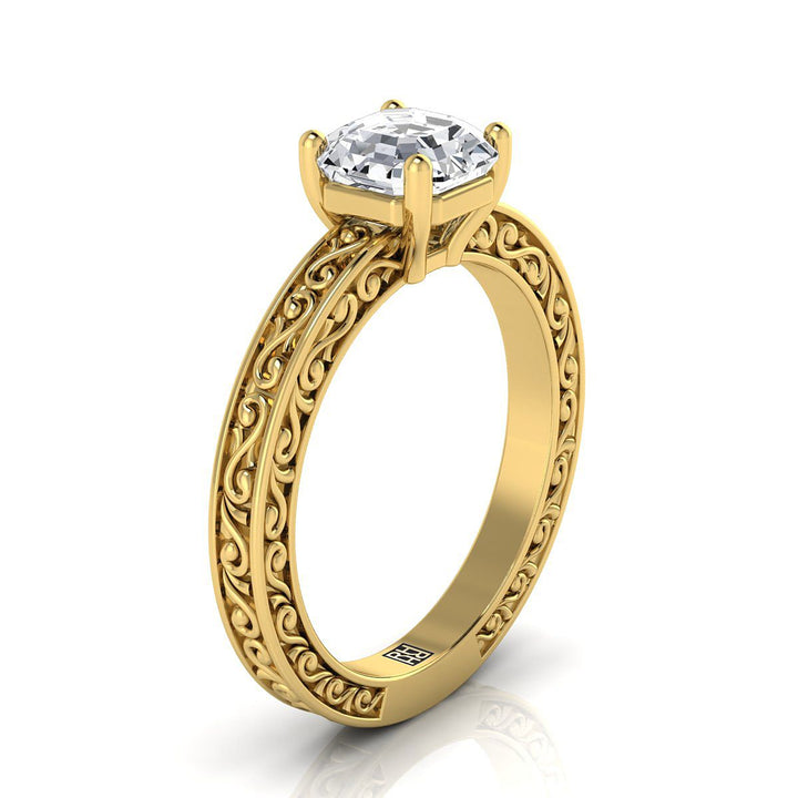 แหวนหมั้นเดี่ยววินเทจสไตล์ Asscher ตัดด้วยทองคำเหลือง 18K แกะสลักลายม้วนด้วยมือ