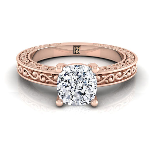 Hand-Engraved Scroll Vintage Solitaire Cushion, in 14K Rose Gold | RockHer